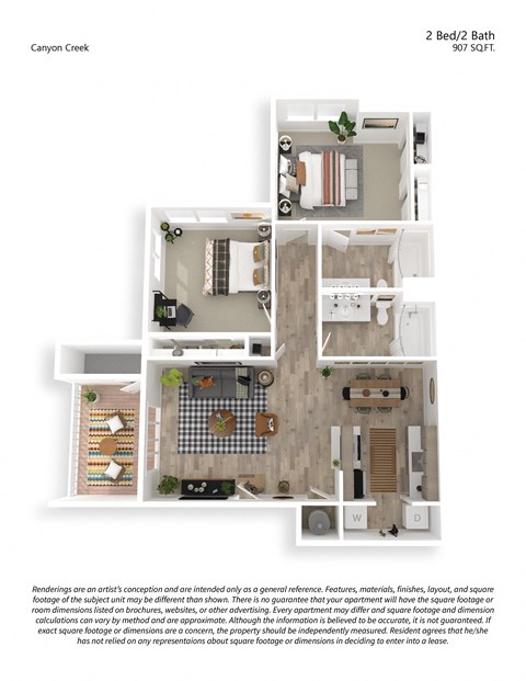 Floor plan for 2 beds, 2 baths, 907 sqft